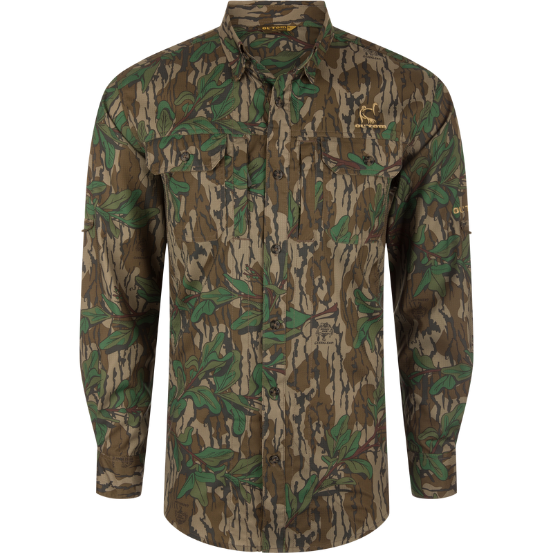 Youth Wingshooter Trey Long Sleeve Shirt with camouflage pattern, featuring vented cape back, button-through chest pockets, and hidden zippered pocket, designed for performance and comfort.