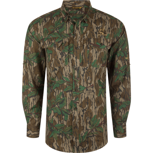 Youth Wingshooter Trey Long Sleeve Shirt with camouflage pattern, featuring vented cape back, button-through chest pockets, and hidden zippered pocket, designed for performance and comfort.