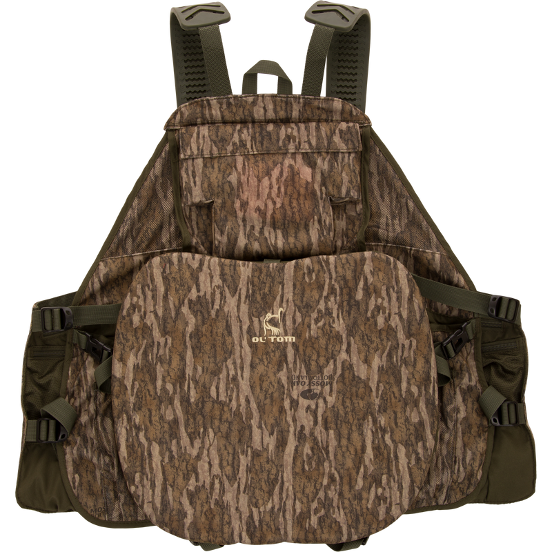 Time & Motion™ Gunslinger Turkey Vest with camouflage design, featuring multiple straps and pockets for hunting gear, and a removable seat cushion for comfort.