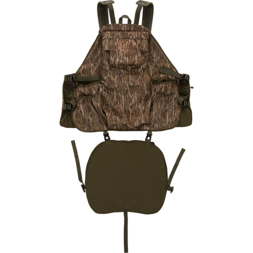 Time & Motion™ Gunslinger Turkey Vest with camouflage pattern, adjustable straps, multiple pockets for hunting gear, and detachable call cords.