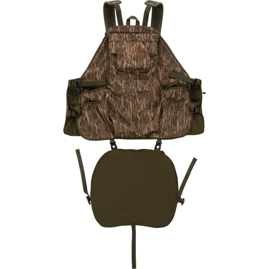 Time & Motion™ Gunslinger Turkey Vest with camouflage pattern, adjustable straps, multiple pockets for hunting gear, and detachable call cords.