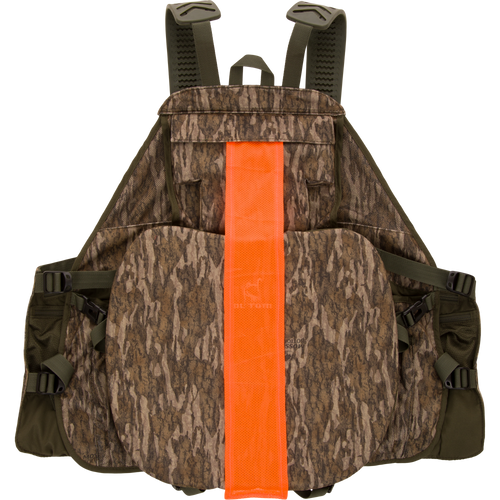 Time & Motion™ Gunslinger Turkey Vest featuring camouflage with an orange stripe, adjustable straps, multiple organized pockets, and a removable seat cushion for efficient hunting gear access.
