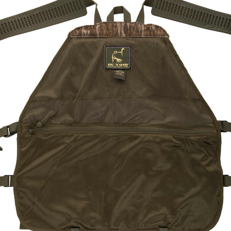 Time & Motion™ Gunslinger Turkey Vest, featuring adjustable straps and organized pockets for hunting essentials, with a visible logo close-up in the image.