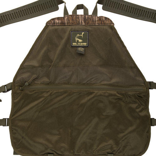 Time & Motion™ Gunslinger Turkey Vest, featuring adjustable straps and organized pockets for hunting essentials, with a visible logo close-up in the image.