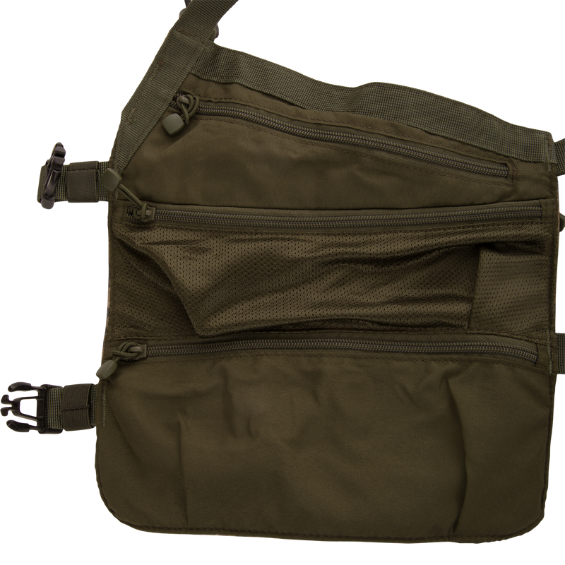 Time & Motion™ Gunslinger Turkey Vest featuring organized external pockets, adjustable straps, and a removable seat cushion, designed for efficient gear access during hunting.