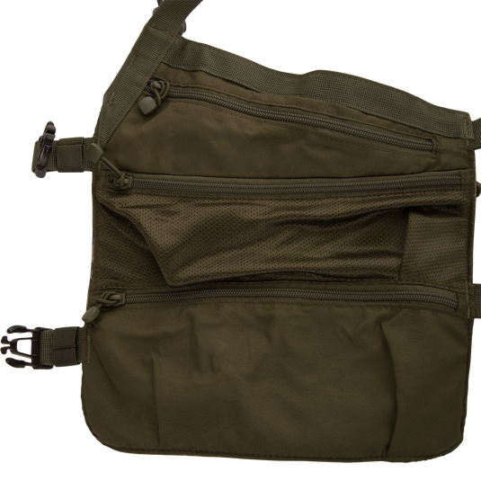 Time & Motion™ Gunslinger Turkey Vest featuring organized external pockets, adjustable straps, and a removable seat cushion, designed for efficient gear access during hunting.