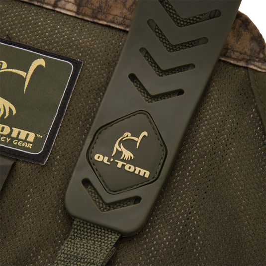 Time & Motion™ Gunslinger Turkey Vest showcasing close-up of adjustable rubber shoulder straps, woven fabric, and multiple organized pockets for efficient gear access.