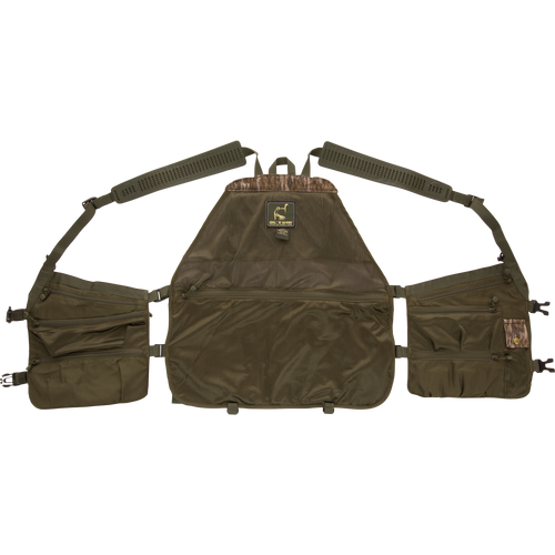 Time & Motion™ Gunslinger Turkey Vest close-up, showcasing organized call pockets and adjustable rubber straps, designed for efficient gear access during hunting.