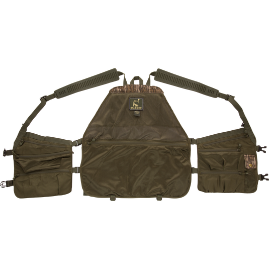 Time & Motion™ Gunslinger Turkey Vest close-up, showcasing organized call pockets and adjustable rubber straps, designed for efficient gear access during hunting.