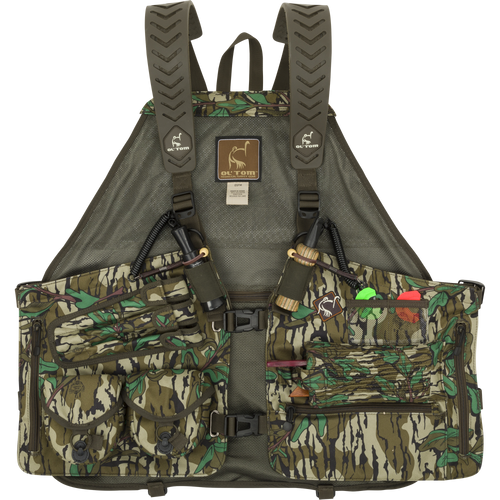 Time & Motion™ Gunslinger Turkey Vest with a camouflage pattern, featuring multiple organized pockets and adjustable straps, designed for efficient gear access and comfort during hunting.