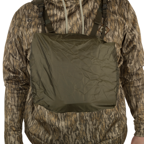 Turkey Chest Pack displayed on a person, showcasing its rain cover.