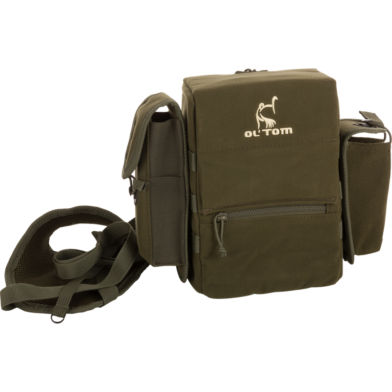 Turkey Chest Pack with logo, featuring a removable bino harness, multiple pockets, and a stowable rain fly, ideal for hunting trips.
