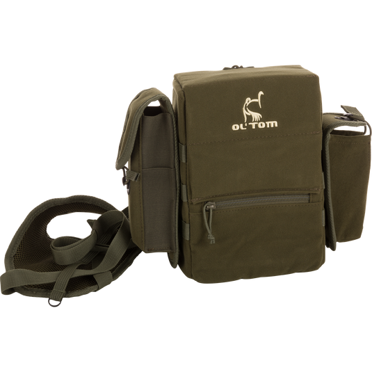 Turkey Chest Pack with logo, featuring a removable bino harness, multiple pockets, and a stowable rain fly, ideal for hunting trips.