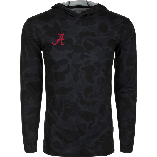 A black hoodie with a red letter, the Alabama Performance Long Sleeve Camo Hoodie, designed for exceptional functionality and packed with performance features. Lightweight and versatile, it offers cooling, stretch, breathability, sun protection, moisture-wicking, and quick-drying properties. Made from 92% Polyester/8% Spandex, it features the exclusive Drake Old School Camo pattern. Perfect for hunting and outdoor activities.