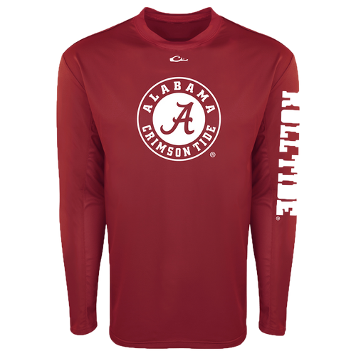 Alabama L/S Performance Shirt: A red long-sleeved shirt with a white logo. Provides optimal sun protection and comfort with breathable mesh on the back and underarms. Made with Shield 4™ technology for all-around protection. Ideal for outdoor activities like hunting, fishing, and more.
