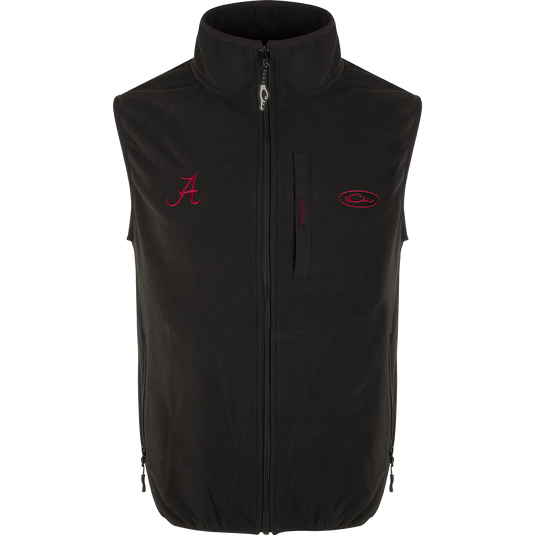 Alabama Camp Fleece Vest with windproof barrier and Alabama logo embroidery on right chest. Stand-up collar, Magnattach™ pocket, and handwarmer pockets.