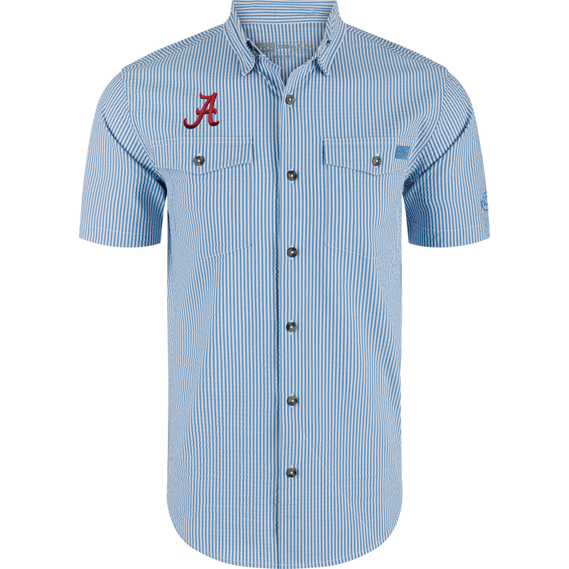 Alabama Frat Seersucker Short Sleeve Shirt with vertical stripes, two flap chest pockets, embroidered logo, hidden button-down collar, vented back, and sculpted hem for game day comfort.