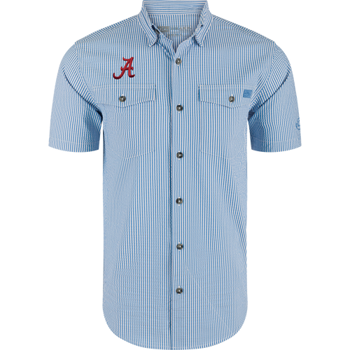 Alabama Frat Seersucker Short Sleeve Shirt with vertical stripes, two flap chest pockets, embroidered logo, hidden button-down collar, vented back, and sculpted hem for game day comfort.