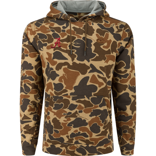 Alabama Three End Hoodie featuring an old-school camouflage pattern, kangaroo pocket, lined hood with drawstrings, and red A logo on the chest. Ideal for hunting.