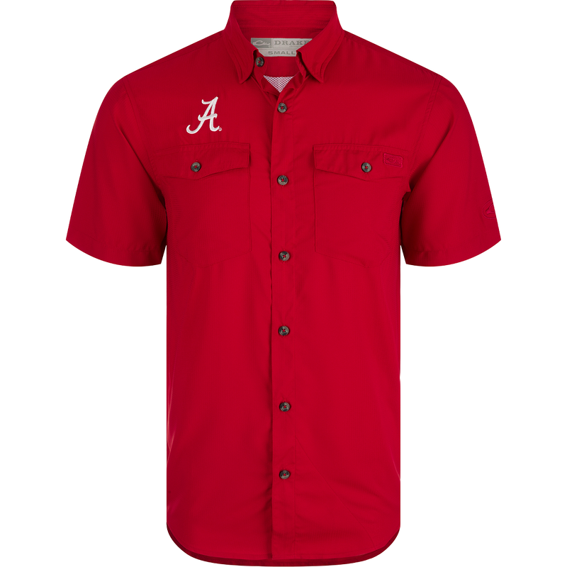 Alabama Frat Dobby Solid Short Sleeve Shirt with hidden collar, vented back, and chest pockets. Lightweight, moisture-wicking fabric with UPF30.