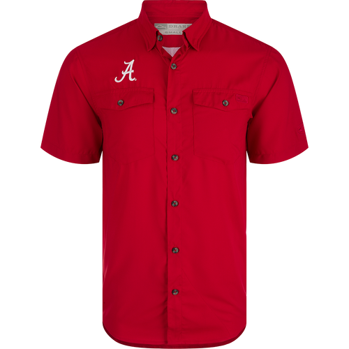 Alabama Frat Dobby Solid Short Sleeve Shirt with hidden collar, vented back, and chest pockets. Lightweight, moisture-wicking fabric with UPF30.