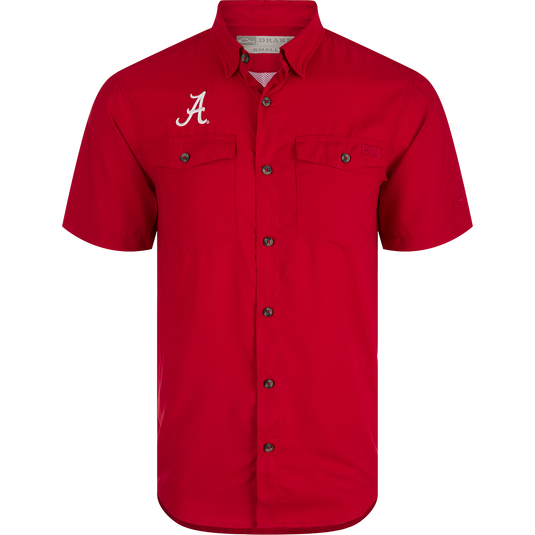 Alabama Frat Dobby Solid Short Sleeve Shirt with hidden collar, vented back, and chest pockets. Lightweight, moisture-wicking fabric with UPF30.
