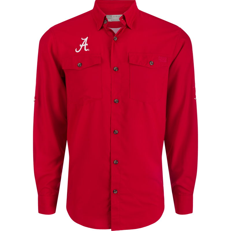 Alabama Frat Dobby Long Sleeve Shirt with hidden button-down collar and vented cape back. Classic fit, moisture-wicking fabric.