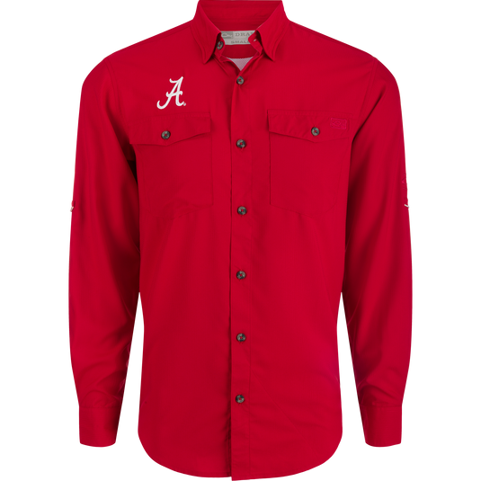 Alabama Frat Dobby Long Sleeve Shirt with hidden button-down collar and vented cape back. Classic fit, moisture-wicking fabric.