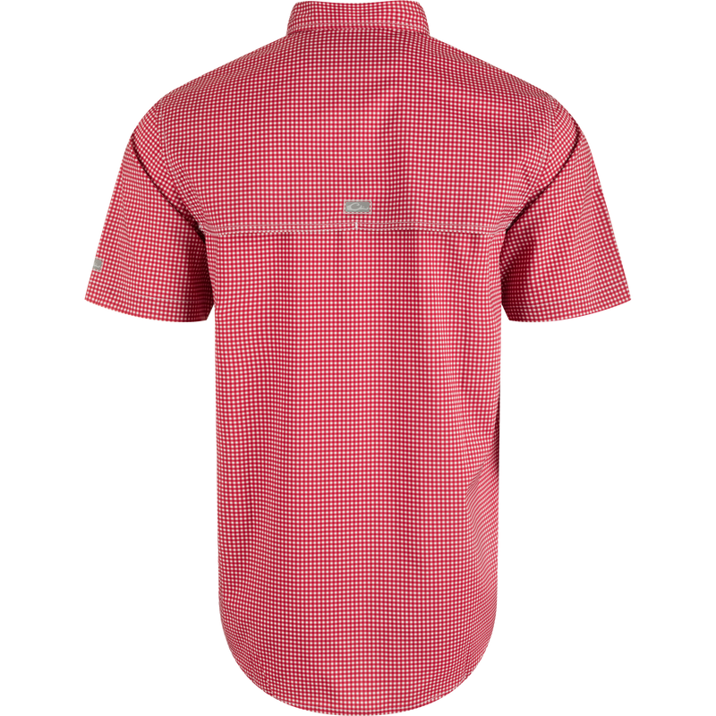 Alabama Frat Gingham shirt with hidden collar, chest pockets, and vented cape back. Lightweight, moisture-wicking fabric with UPF30.