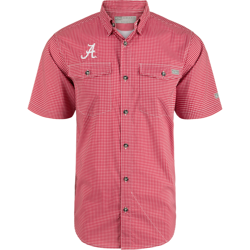 Alabama Frat Gingham shirt with red and white checkered pattern, hidden button-down collar, and vented cape back.