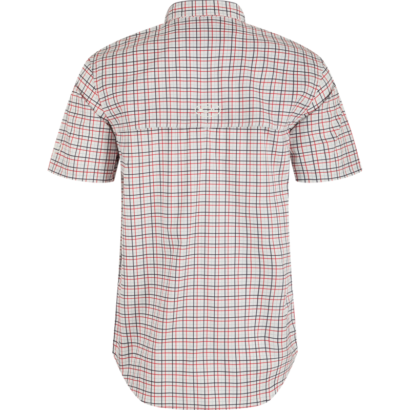 Alabama Frat Tattersall Short Sleeve Shirt, a plaid shirt with hidden collar, chest pockets, and vented cape back. Lightweight, stretchy, and moisture-wicking fabric.