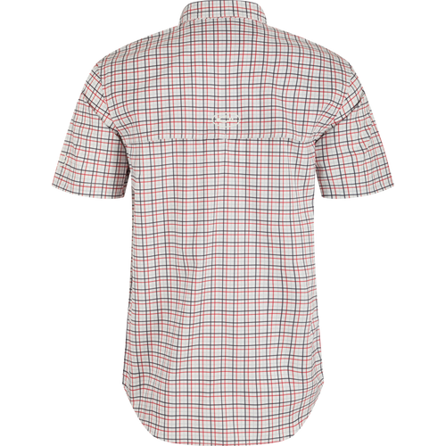 Alabama Frat Tattersall Short Sleeve Shirt, a plaid shirt with hidden collar, chest pockets, and vented cape back. Lightweight, stretchy, and moisture-wicking fabric.