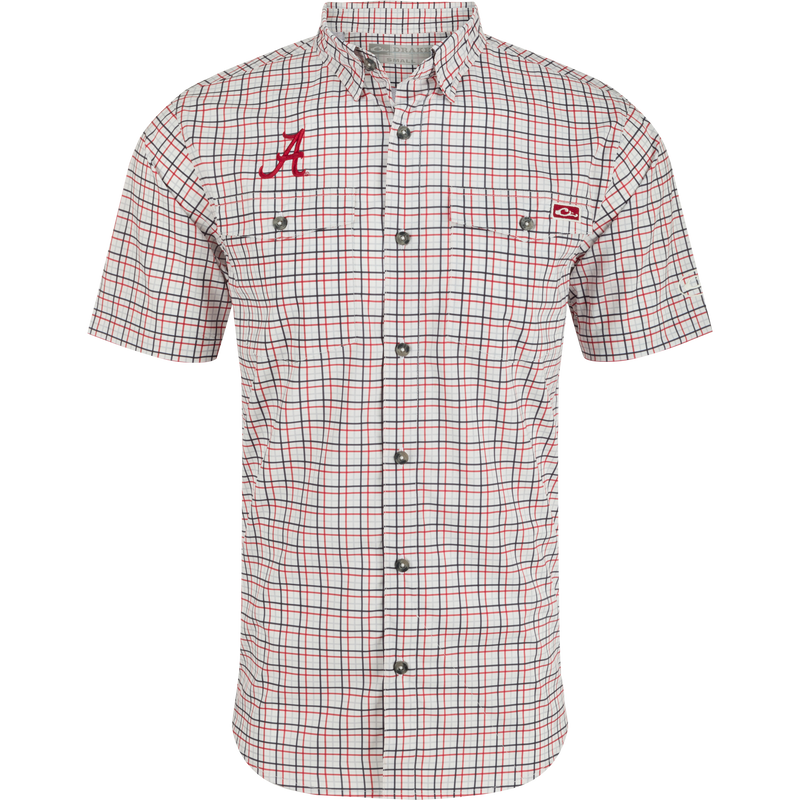 Alabama Frat Tattersall Short Sleeve Shirt, a plaid shirt with hidden button-down collar, chest pockets, and vented cape back.