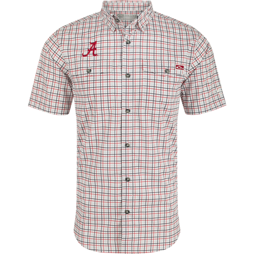 Alabama Frat Tattersall Short Sleeve Shirt, a plaid shirt with hidden button-down collar, chest pockets, and vented cape back.
