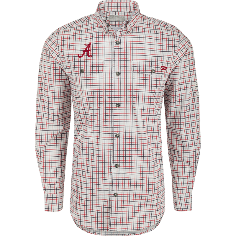 Alabama Frat Tattersall Long Sleeve Shirt, a lightweight, moisture-wicking top with hidden collar, chest pockets, and adjustable sleeves.