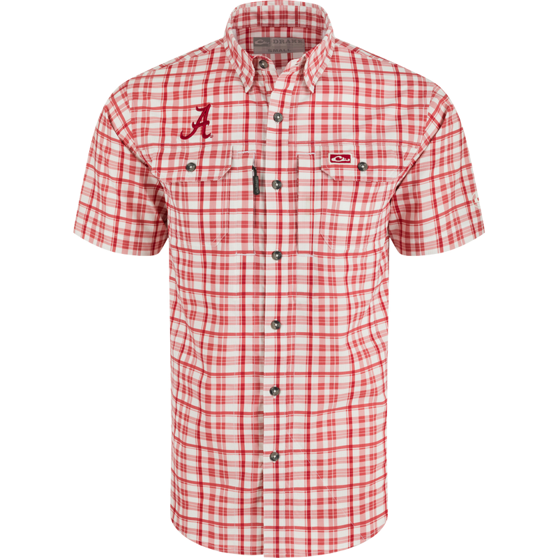 Alabama Hunter Creek Windowpane Plaid Shirt, a lightweight, moisture-wicking shirt with hidden button-down collar and vented cape back.