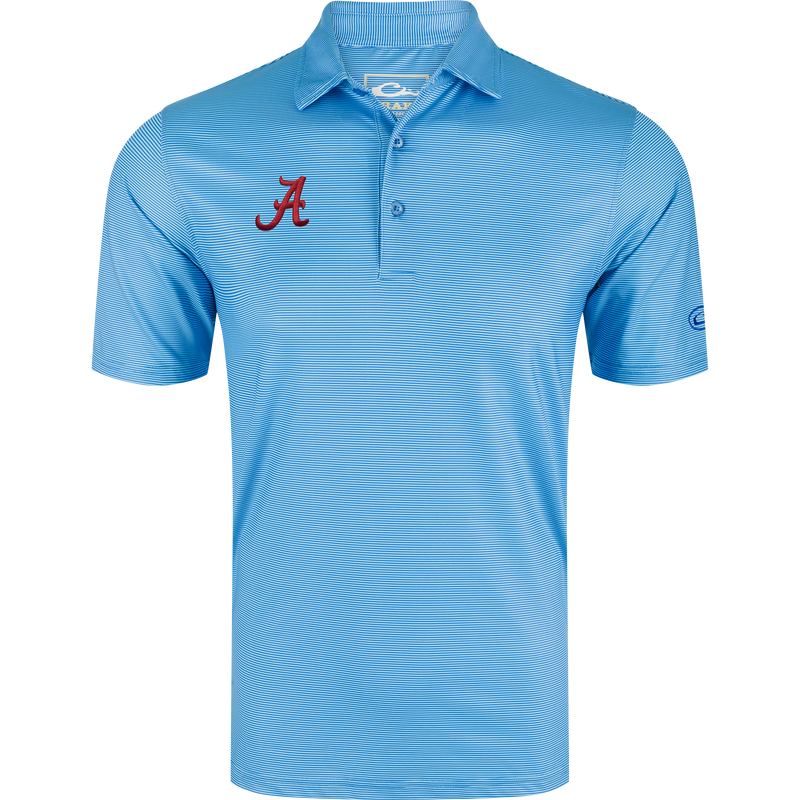 Alabama Chalk Stripe Polo with crimson A logo, featuring a collared design, three-button placket, and fine stripes, ideal for gameday or office wear.