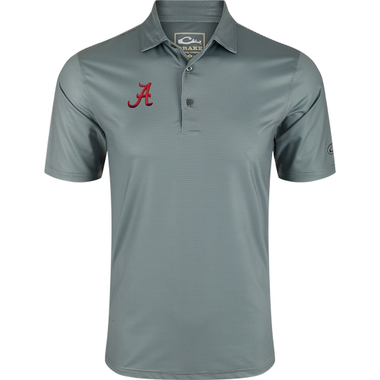 Men’s Alabama Chalk Stripe Polo with a three-button placket, fold-over collar, and crimson embroidered A logo, featuring performance fabric and moisture-wicking properties.