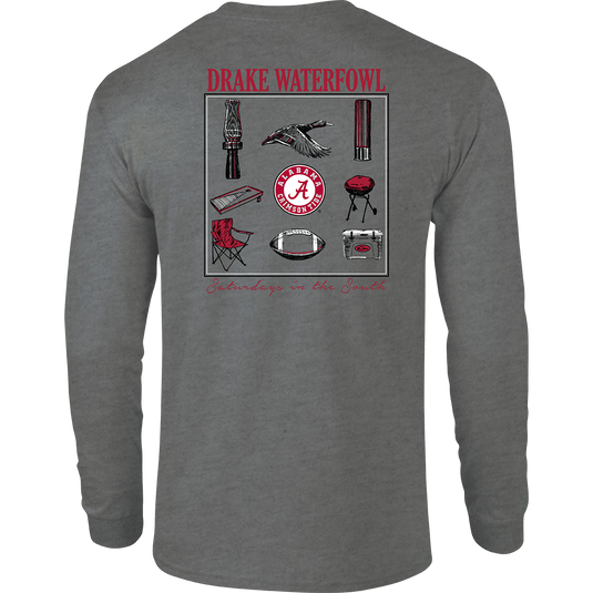 Alabama Sportsman T-Shirt: Grey long sleeve tee with stylized scene showcasing items used on Saturdays in the South, featuring your school's logo on the chest pocket. Back artwork with school's logo. Cotton/poly blend fabric. Tag-less neck label for comfort.