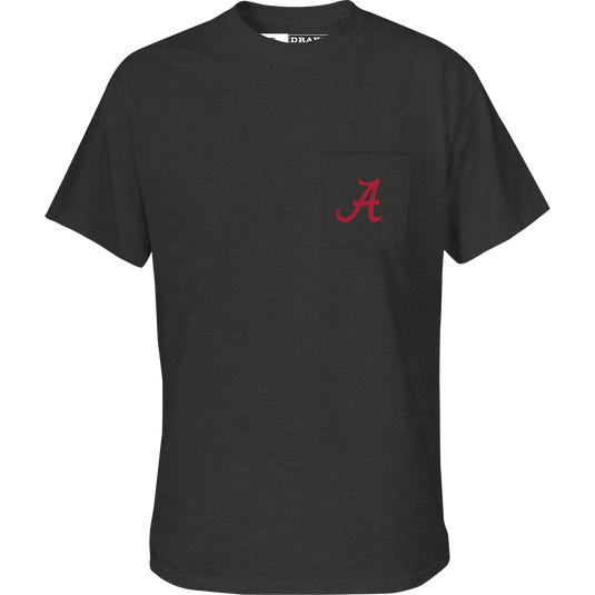 Alabama Drake Tailgate T-Shirt with school logo pocket on front, lightweight blend of cotton and polyester. Perfect for game day activities.