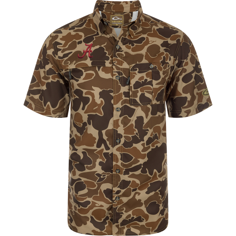 Alabama 8-Shot Short Sleeve Shirt with a brown-tan camouflage pattern, two chest pockets, embroidered red A logo, and Drake Clothing Company tag in collar.