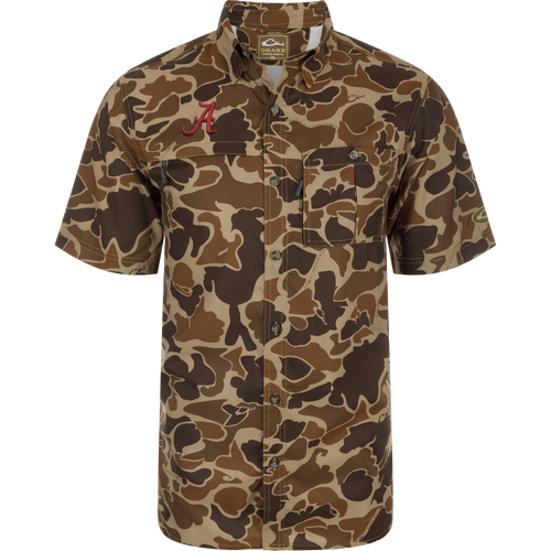Alabama 8-Shot Short Sleeve Shirt with a brown-tan camouflage pattern, two chest pockets, embroidered red A logo, and Drake Clothing Company tag in collar.