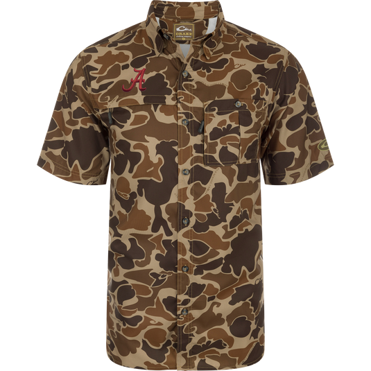Alabama 8-Shot Short Sleeve Shirt with a brown-tan camouflage pattern, two chest pockets, embroidered red A logo, and Drake Clothing Company tag in collar.