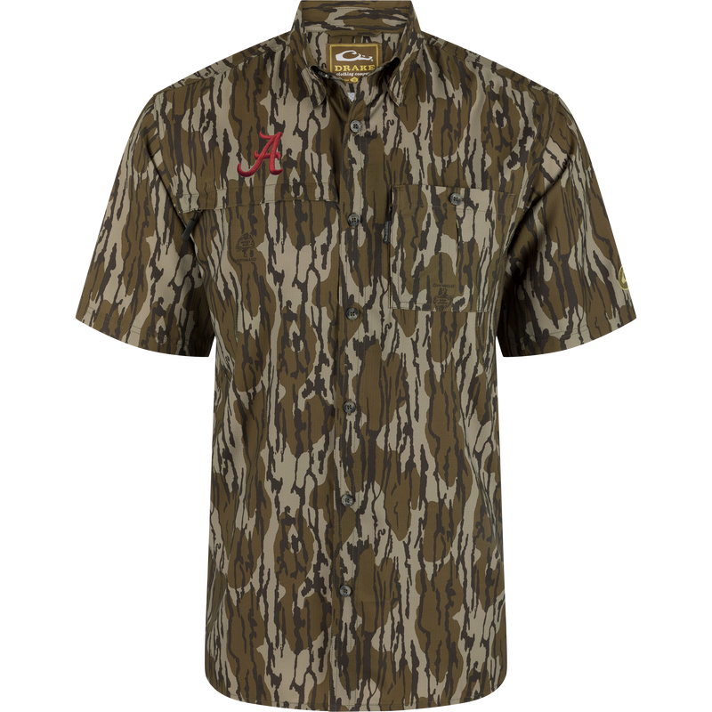 Alabama 8-Shot Short Sleeve Shirt with camouflage pattern, two chest pockets, embroidered A logo, and vented cape back for hunting and outdoor activities.