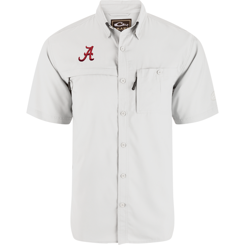 Alabama 8-Shot Short Sleeve Shirt with embroidered “A” logo, vented cape back, two chest pockets, and lightweight, moisture-wicking fabric for comfort and performance.