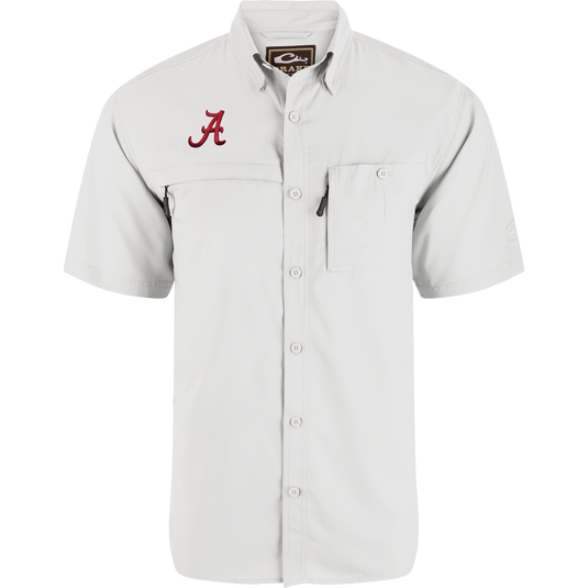 Alabama 8-Shot Short Sleeve Shirt with embroidered “A” logo, vented cape back, two chest pockets, and lightweight, moisture-wicking fabric for comfort and performance.