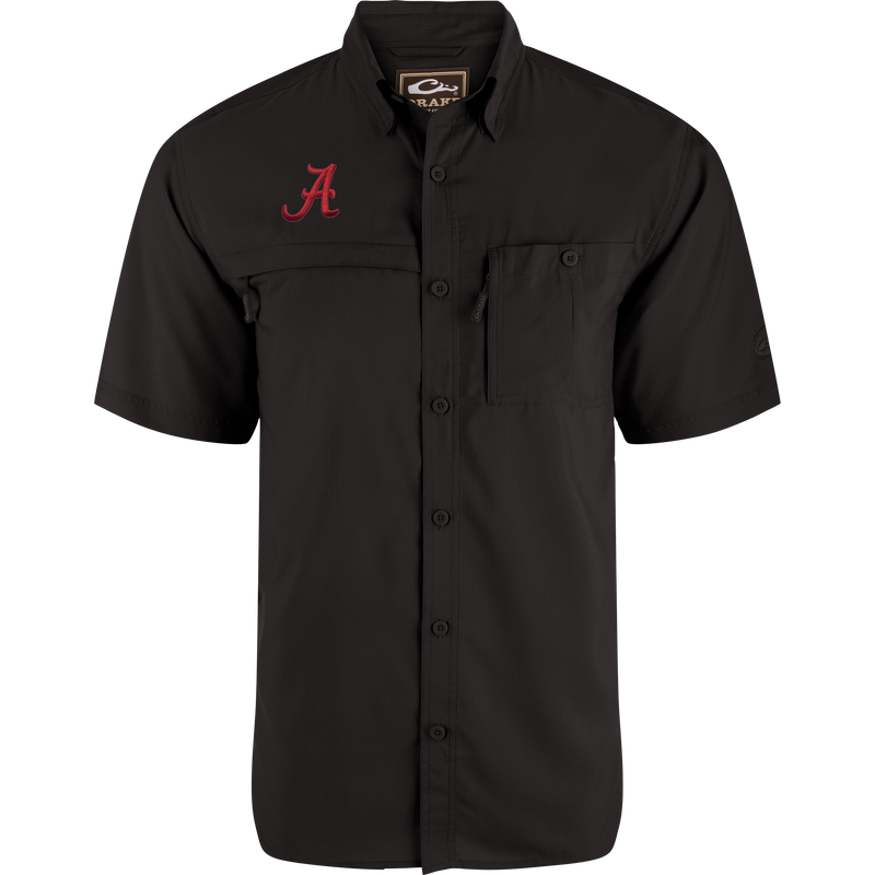 Alabama 8-Shot Short Sleeve Shirt, featuring a red embroidered A, button-down design, flap pocket, hidden zippered pocket, and vented back, ideal for outdoor activities.