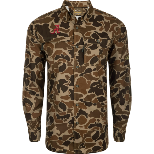 Alabama 8-Shot Long Sleeve Shirt with camo pattern, University of Alabama A logo, chest pockets, and vented cape back. Designed for moisture-wicking and sun protection.