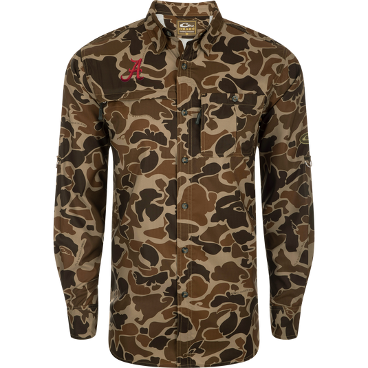Alabama 8-Shot Long Sleeve Shirt with camo pattern, University of Alabama A logo, chest pockets, and vented cape back. Designed for moisture-wicking and sun protection.