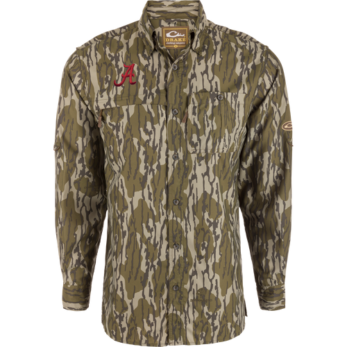Alabama 8-Shot Long Sleeve Shirt with woodland camo pattern, features Alabama logo, dual chest pockets, and vented back. Ideal for hunting with UPF 30 protection.